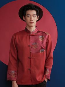 (JUN) CNY Men’s Shirt เสื้อตรุษจีนผู้ชายสีแดงเข้มแต่งลาย รุ่น LHONG