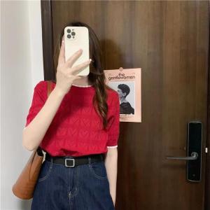 GRACE_CHILI. 32003# เสื้อไหมพรมถัก แขนสั้นคอกลม ลายหัวใจ สไตล์เกาหลี สุดน่ารัก