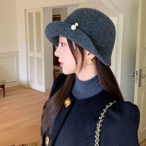 MAOMEI Retro Mũ Fedora pha len Ngọc trai Vành mũ cong Mũ đội đầu kiểu Hepburn Thời trang Thanh lịch Mũ len của ngư dân Phụ nữ