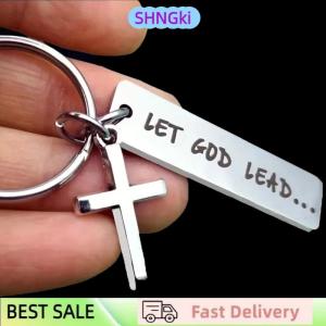SHNGki Let God Lead···Faith Cross Stainless Steel Keychain Religious Key Chain Ring Purse Bag Backpack Charm Daily Gift