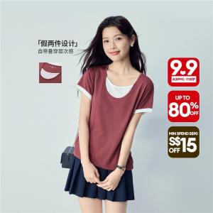 Giordano Beau Monde Women Fake two-piece contrast short sleeve tee Free Shipping 13326508