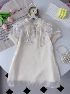 LJBear Leader Girls Qipao Princess Dresses 2023 New Summer Chinese Style Pearl Collar Cloud Shoulder Button Dress for 2-7 Years Old Baby Kids Girls Cheongsam Clothing