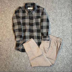 Setelan Kemeja Anak Laki-Laki Lengan Panjang Celana Chinos Baju Fashion Flanel Cowok Usia 3-13 Tahun