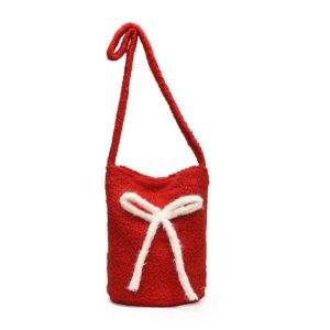 TKNUS Bow Decoration Plush Bucket Bag Large Capacity Single Shoulder Red Crossbody Bag Trendy Lightweight Christmas Shoulder Bag Autumn