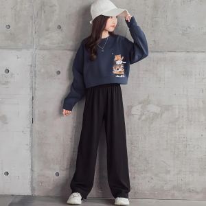 Setelan Kaos Cewek Remaja Atasan Baju Crop Lengan Panjang Dan Celana Kulot Kucing Monokrom