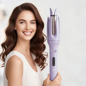 Máy uốn tóc tự động chuyên nghiệp 4 mức điều chỉnh nhiệt độ đầu uốn xoay bằng gốm với công nghệ ion âm (màu trắng ngà).