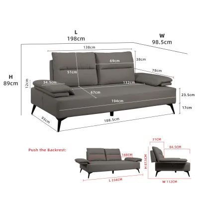 (FREE Shipping) KitchenZ 6.4FT 2 Seater Cat Claw Leather Adjustable Sofa Bed Dark Grey/Light Grey - SF-8655