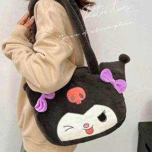 Kawaii Sanrio Plush Tote Bag Cartoon Cute Kuromi Cinnamoroll My Melody Plush Handheld Makeup Bag Womens Fashion Messenger Bag Girls Birthday Gift