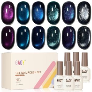 GAOY Glitter Cat Eye Gel Set with Magnet 6 Colors Purple Blue Black Glitter Gel Holography Long Lasting for Nail Art at Home & Salon Mani