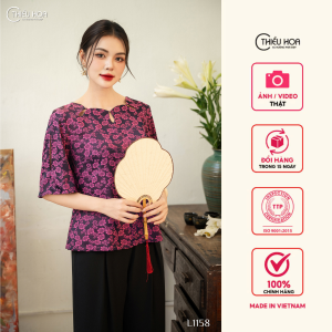 Áo kiểu thiết kế thanh lịch sang trọng với chất liệu Gấm cao cấp họa tiết cúc mai dệt nổi mềm mịn AN4L1158 Thương hiệu Thiều Hoa