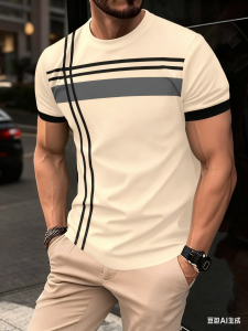 [Local Stock] VCC Simple Stripe Print Mens T shirts Business Casual O-neck Short Sleeve Tops Fashion Loose Breathable Tees Summer Street Pullover