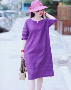 Đầm suông Linen tay lỡ Cổ chữ V Trơn KT Fashion Cổ chữ V