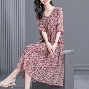 Mom temperament floral dress women Heavyweight mulberry silk long dress silk dress women