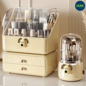Tủ Đựng Mỹ PhẩmĐồ Trang Điểm 3 Tầng H2K Cao Cấp Và Hộp Đựng Cọ Trang Điểm Với Nắp Đậy Chống Bụi Decor Phong Cách Châu Âu
