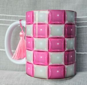 3D Pink and White Square Printed Design On A Sublimation Ceramic COFFEE Mug FOR GIFT/BIRTHDAY/WEDDING/GRADUATION
