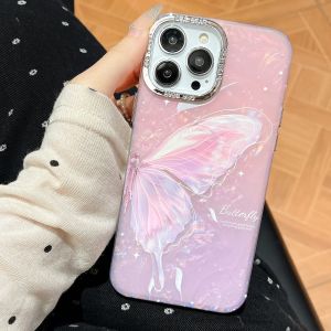【New】Electroplated Silver Metal Frame Gradient Butterfly Pattern Phone Case with Bracelet For iPhone X XS XR 11 12 13 14 15 16 Series