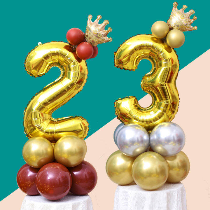 13pcs Balloons Set For Happy Birthday 32inch Number Foil Balloon Stand Kit Kid Boys Girls Gold Crown Balloon Standee Set Baby Shower Party Supplies Home Decor Diy Decoration For Christening