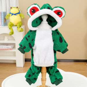 🇹🇭พร้อมส่ง🇹🇭🐸💚🤍 ชุดลายกบเขียวตาโต ชุดสี่ขามีฮู้ด 🐸💚🤍 ผ้าขนปุย 🥰 ชุดนอนสุนัข เสื้อผ้าสัตว์เลี้ยง หมา แมว