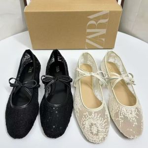 ZA-RA Black/White French Gentle Flats Womens Shoes 2025 Spring Bow Mesh Lace Ballet Mary Jane Shoes