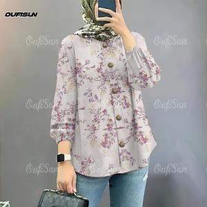 Blouse Women Muslimah Women Muslim Vacation Floral Print Lantern Sleeves Shirts Casual Round Neck Loose Blouses Button Down T-shirt Shirt