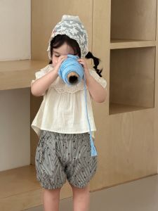 Baby clothes summer thin style Korean-style childrens clothing 2026 Childrens Summer Outfit Girls Short-Sleeve Doll Shirt and Striped Pants Set