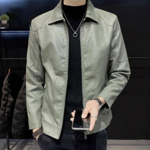 Genuine Leather Mens Leather Jacket Slim-fit Leather Jacket Korean Casual Fleece Lining Thickened Lapel Handsome Motorcycle Jacket Men
