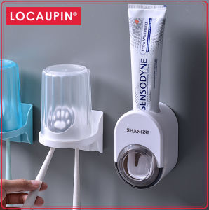Locaupin Toothbrush Holder Wall Mounted Toothpaste Squeezer With Cup for Bathroom Toothpaste Dispensers
