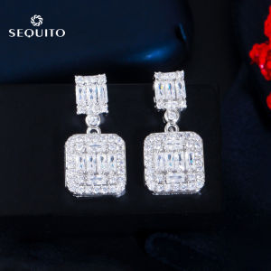 SEQUITO Sparkling Cubic Zirconia Square Drop Earing for Women Silver Color Delicate Jewelry Bridesmaid Gift SE400