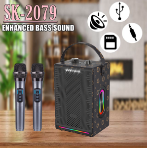 QIXI SK-2079 2 in 1 Speaker & KTV Stereo Bass Wireless Bluetooth with Two Wireless Microphone & Dazzling RGB Lights