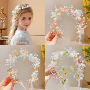 Childrens Wreath Headwear Girls Forest Princess Hair Accessories Cute Fairy Flower Girl Head Flower Ribbon Headband