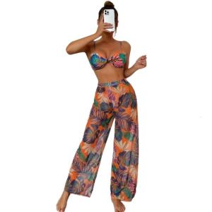 2Pieces Women Swimsuit with Long Trousers Flower Print Swimwears Set Ladies Push Up Bathing Suit Floral Swimming Costume