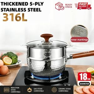 316 Stainless Steel Milk Pot with Steamer  Non-Stick Snow Flake Coating  Wooden Handle and Two Side Spouts for 1-2 Person Baby Food  Breakfast Pot Milk Ramen Soup Tempura