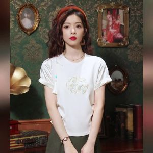 Ammin 2024 mùa hè đơn giản cổ tròn cổ điển mặc quần áo phẳng khóa tua tay ngắn cotton áo thun nữ thời trang xếp li eo thêu hoa cổ điển Áo Blouse thanh lịch