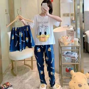 Womens Terno 3in1 Cotton Spandex Cute Cartoons Prints Tshirt Sleepwear Pajama Set  SIZE: Free size❤"