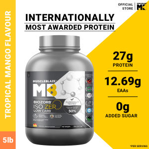 MuscleBlaze Biozorb Iso-Zero Low Carb 100% Pure Whey Protein Isolate (Tropical Mango 5lbs / 2.27kg) | 27g Pure Isolate Whey Per Scoop