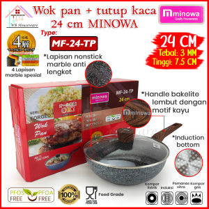 MINOWA Wok pan black marble + tutup kaca 24cm anti lengket / wajan kuali penggorengan MF-24-TP