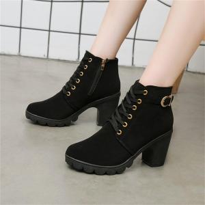 Sizes 35-42 High Heel Boots Belt Buckle Womens Shoes Thick Heel Short Boots Round Toe Boots