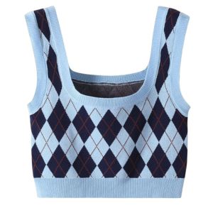 🦋 VEVE Korean Style Women Plaid Knitted Crop Top Summer Sleeveless Camisole