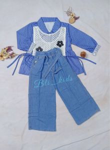 Setelan Kemeja Dark Blue dan Night Blue Anak Perempuan Bahan Shakilla Usia 3 sampai 12 Tahun