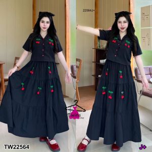 22564  set 3 ชิ้น เสื้อครอป กับกระโปรง + สายโบว์ ติดอ่ะไหล่เชอร์รี่