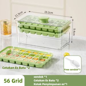 Cetakan Es Batu Kotak Ice 56 Grid 2 Tray/Ice Cube Container Free Sekop Es Ice Tray Box Dengan Press Handle Sekali Tekan