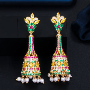 SEQUITO Super Luxury Women Ear Jewelry Yellow Gold Color Full Pave Setting Polychrome AAAAA Cubic Zirconia Noble Chandelier Shape Pearl Tassel Drop Earrings SE789