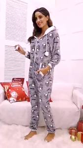 ชุดนอนผ้าฟลานเนลอบอุ่นสำหรับผู้หญิง ลายสัตว์คริสต์มาส ชุดจั๊มสูทผู้ใหญ่ เสื้อฮู้ดฤดูหนาว คอวี ชุดนอนผู้หญิง ชุดนอนซิป