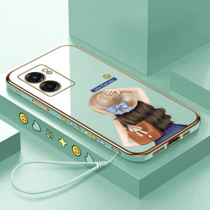 (With Lanyard) UCUC Phone Case For Realme Narzo 50 5G OPPO A57 5G realmi narzo50 Oppoa57 5G Case Cute Cartoon Hat Girl Square Edge Pattern Casing Plated Phone Shell Luxury Plating Soft Phone Case