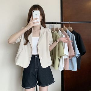Women Korean Trendy Summer Casual Short Sleeve Apricot V-neck Short Blazer women dress