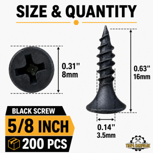 200 PCS Gypsum Black Screw for Wood and Metal 1 inch to 3 inches Self Tapping Flat Head Screw