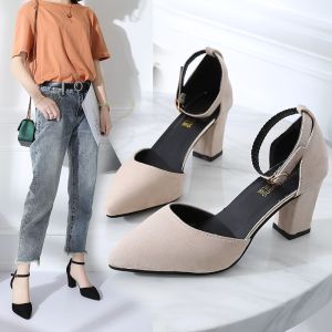 Pointed toe ladies all-match mid-heel buckle thick-heeled waterproof shoes