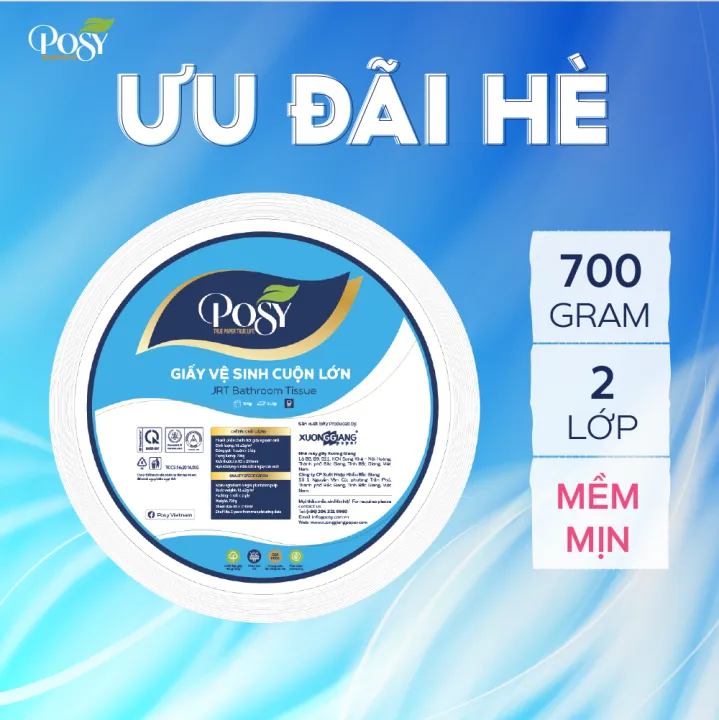 Giấy vệ sinh cuộn lớn Posy 700g, 2 lớp, mềm mịn tiện dụng, tiết kiệm ...