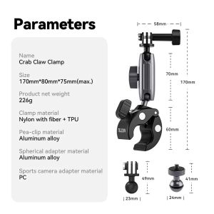 TELESIN Bicycle Bike Motorcycle Crab Clamp Handlebar Mount Holder for GoPro HERO / Insta360 ONE / DJI ACTION Camera
