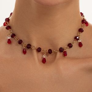NOBLELYN Teardrop Bead Necklace Choker Red Crystal Tassel Drop Crystal Collar  Goth Style Goth Ornament Halloween Party